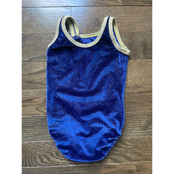 Snowflake Designs Girls Sparkly Blue Velvet Leotard Small With Gold Trim - Picture 7 of 7